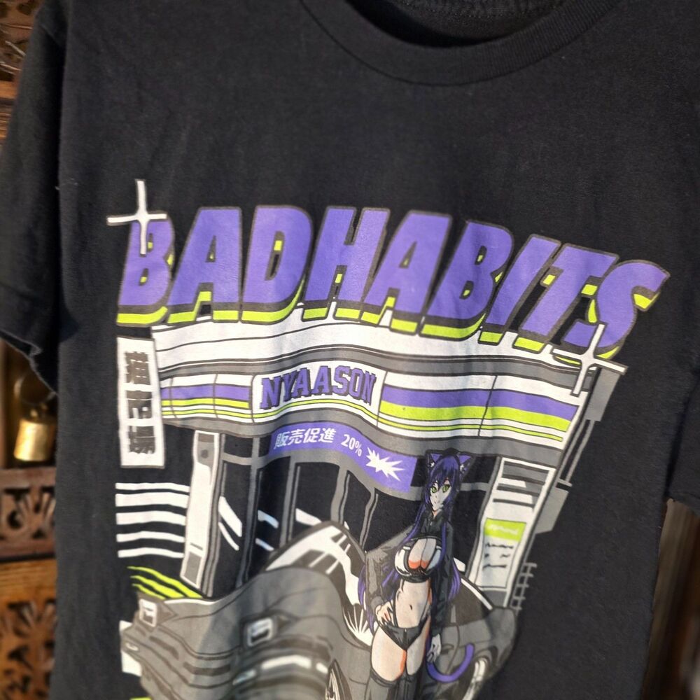 🖤 Nyaason Bad Habits Graphic T‑Shirt Spencer’s Mens Black Cotton Streetwear Tee - Picture 3 of 10